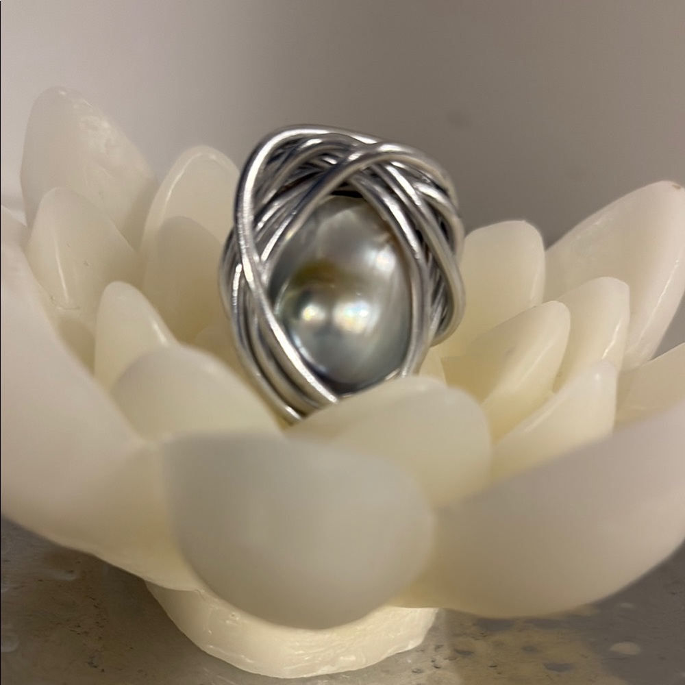 Sculptural Silver and  Pearl Ring